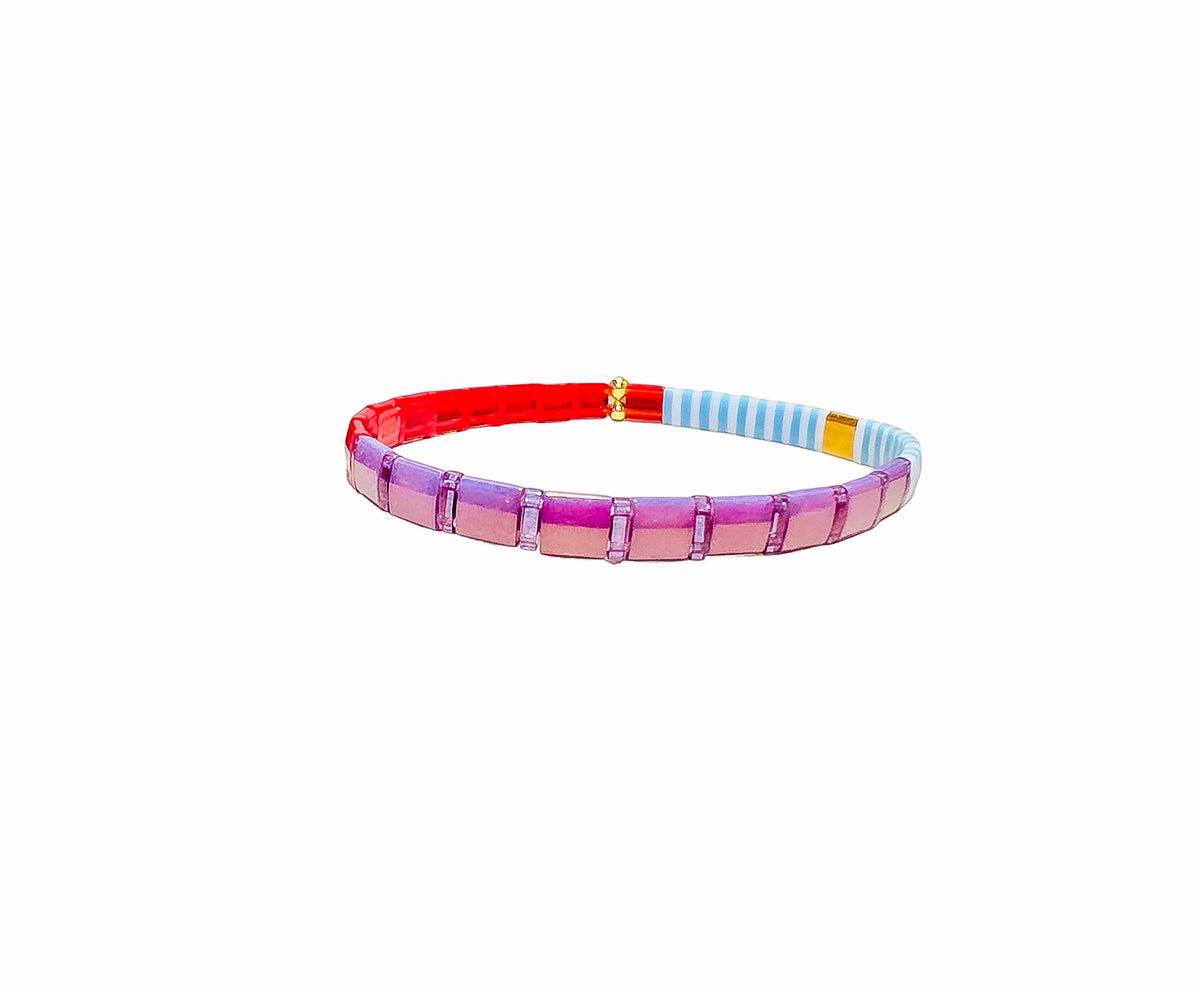 Beach Towel II Red Purple Blue White & Gold Stretch Tila Bracelet