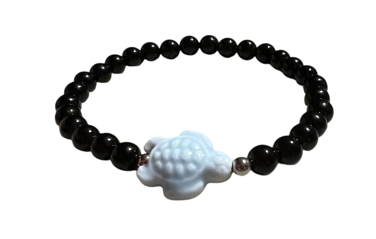 Sea Turtle Black Onyx Stretch Beaded Bracelet