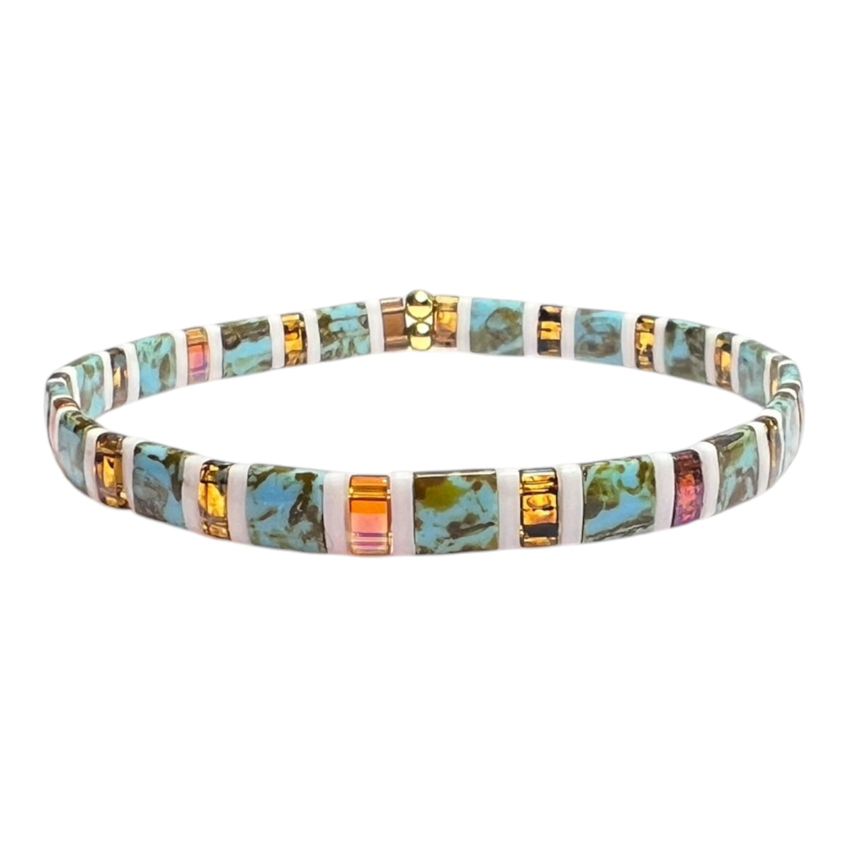 Partly Cloudy Blue Picasso Orange Yellow White Stretch Tila Bracelet