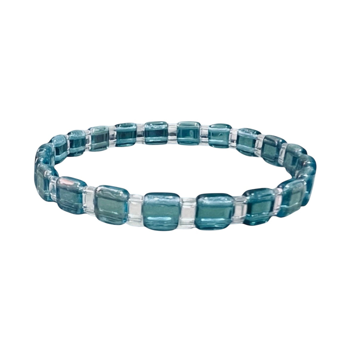 Moonlight Cascade Aquamarine Tile and Clear Tila Stretch Bracelet