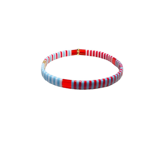 Beach Towel Red White Blue Stripes Gold Accent Stretch Tila Bracelet